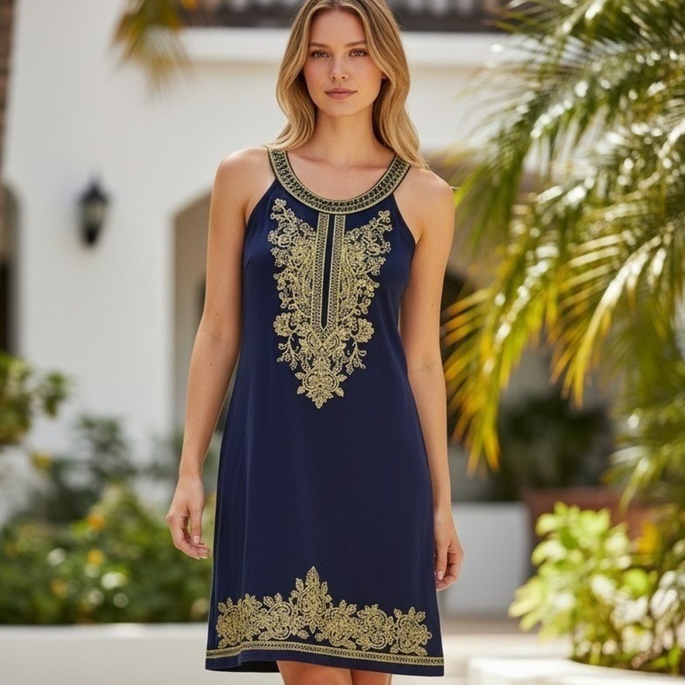 INC International Concepts Navy Gold Metallic Embroidered Shift Dress Womens M